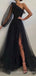 A-line One Shoulder Long Sleeves Black Tulle Long Side Slit Evening Prom Dresses, Cheap Custom prom dresses, MR8334