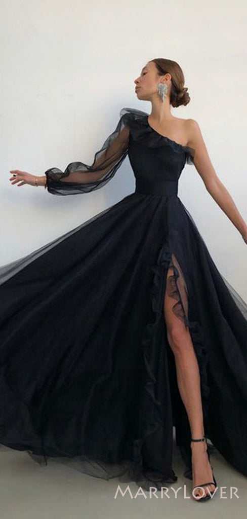 A-line One Shoulder Long Sleeves Black Tulle Long Side Slit Evening Prom Dresses, Cheap Custom prom dresses, MR8334