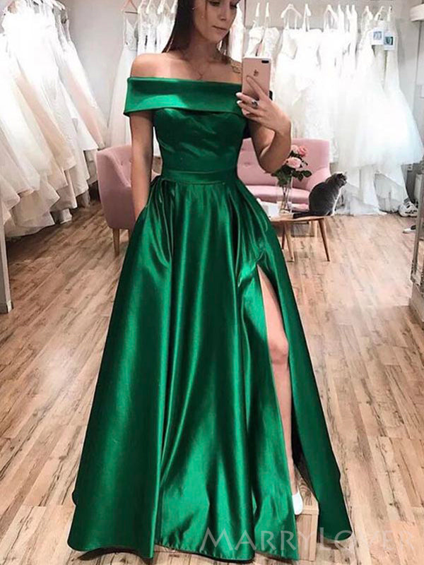 Off Shoulder A-line Green Satin Side Slit Long Evening Prom Dresses, C MarryLover Off Shoulder A-line Green Satin Side Slit Long Evening Prom Dresses, C MarryLover