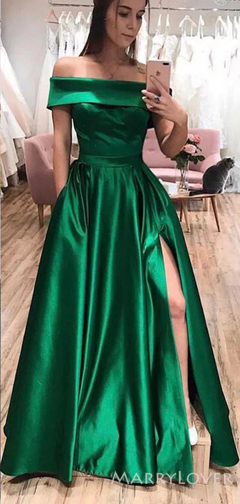 Off Shoulder A-line Green Satin Side Slit Long Evening Prom Dresses, Cheap Custom prom dresses, MR8402