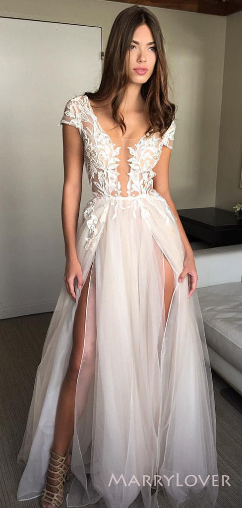 A-line Tulle Appliques Long Evening Prom Dresses, Custom High Slit Prom Dress, MR8522