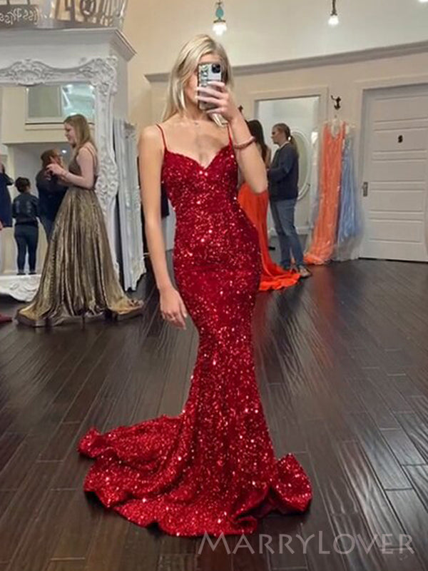 Sequin Spaghetti Strap Long Dresses Simple Mermaid Red Sequins