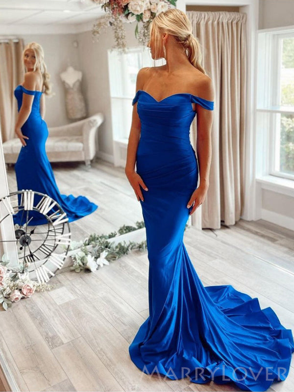 Royal Blue Satin Off Shoulder Long Evening Prom Dresses, Custom Mermai MarryLover Royal Blue Satin Off Shoulder Long Evening Prom Dresses, Custom Mermai MarryLover