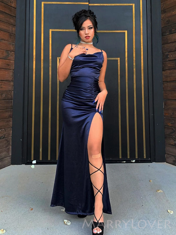 Mermaid Spaghetti Straps Navy Blue Satin Long Evening Prom Dresses, Custom Side Slit Prom Dress, MR8584 Mermaid Spaghetti Straps Navy Blue Satin Long Evening Prom Dresses, Custom Side Slit Prom Dress, MR8584