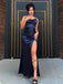 Mermaid Spaghetti Straps Navy Blue Satin Long Evening Prom Dresses, Custom Side Slit Prom Dress, MR8584