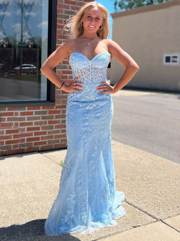 Sky Blue Tulle Strapless Mermaid Appliques Long Evening Prom Dresses, MarryLover Sky Blue Tulle Strapless Mermaid Appliques Long Evening Prom Dresses, MarryLover