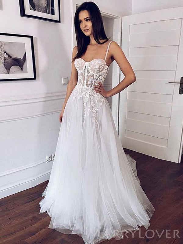 Spaghetti Straps A-line Tulle Appliques Long Wedding Dresses, Custom W –  MarryLover