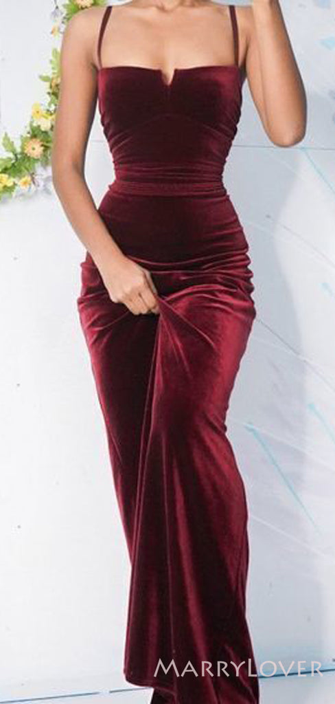 Mermaid Burgundy Velvet Spaghetti Straps Long Evening Prom Dresses, Custom Prom Dress, MR8606