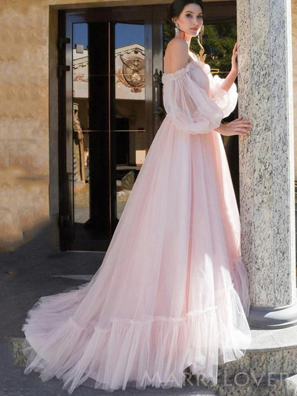 Off Shoulder Pink Tulle A-line Long Evening Prom Dresses, Custom Prom Dress, MR8623