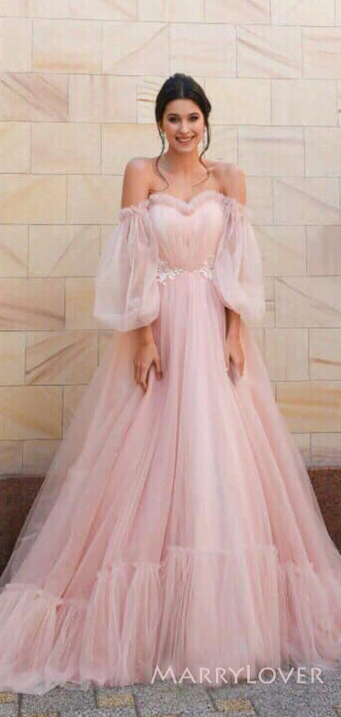 Off Shoulder Pink Tulle A-line Long Evening Prom Dresses, Custom Prom Dress, MR8623