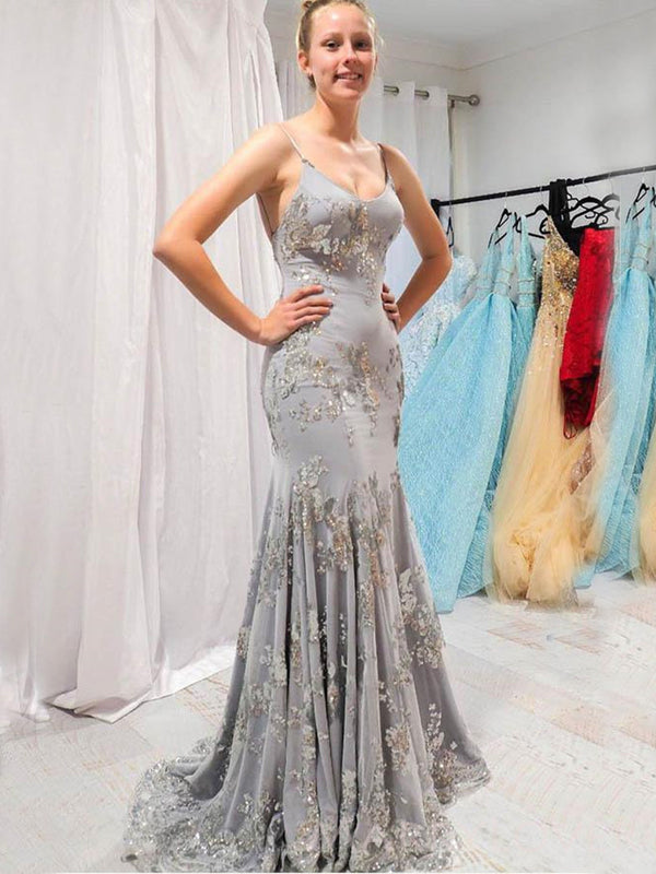 Mermaid Grey Tulle Appliques Spaghetti Straps Long Evening Prom Dresse MarryLover Mermaid Grey Tulle Appliques Spaghetti Straps Long Evening Prom Dresse MarryLover