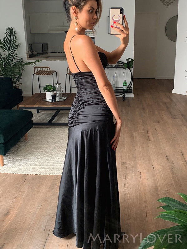 Simple Mermaid Black Satin Spaghetti Straps Long Evening Prom Dresses, Custom Prom Dress, MR8644