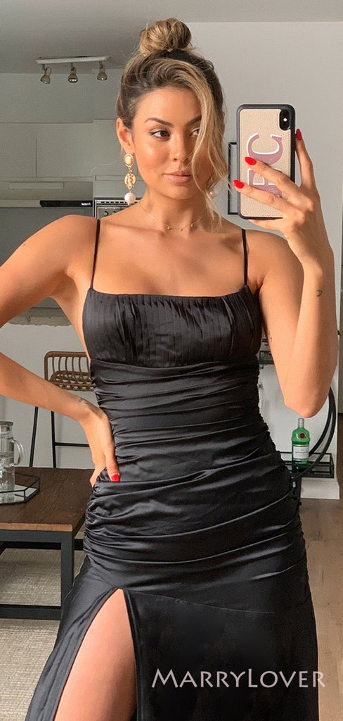 Simple Mermaid Black Satin Spaghetti Straps Long Evening Prom Dresses, Custom Prom Dress, MR8644