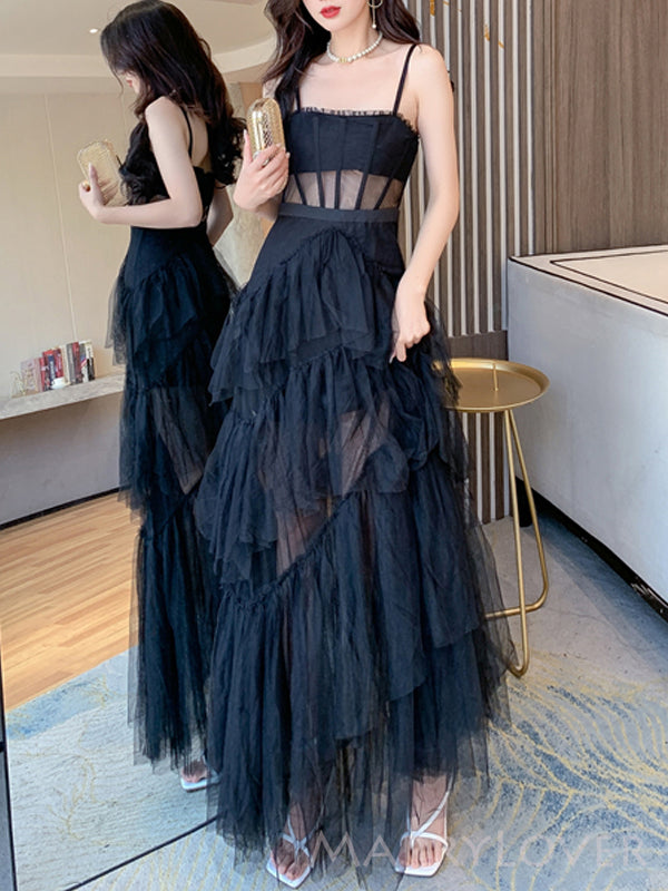 A-line Black Tulle Spaghetti Straps Long Evening Prom Dresses, Custom MarryLover A-line Black Tulle Spaghetti Straps Long Evening Prom Dresses, Custom MarryLover