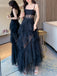 A-line Black Tulle Spaghetti Straps Long Evening Prom Dresses, Custom Prom Dress, MR8652