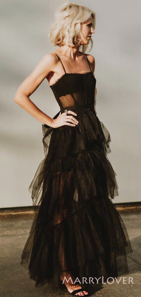 A-line Black Tulle Spaghetti Straps Long Evening Prom Dresses, Custom Prom Dress, MR8652