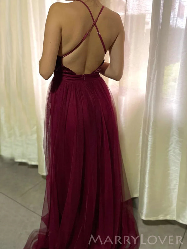 A-line Burgundy Tulle Sequins Spaghetti Straps Long Evening Prom Dresses, Custom Prom Dress, MR8666