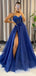 Royal Tulle Sparkly A-line Long Evening Prom Dresses, Custom High Slit  Prom Dress, MR8673