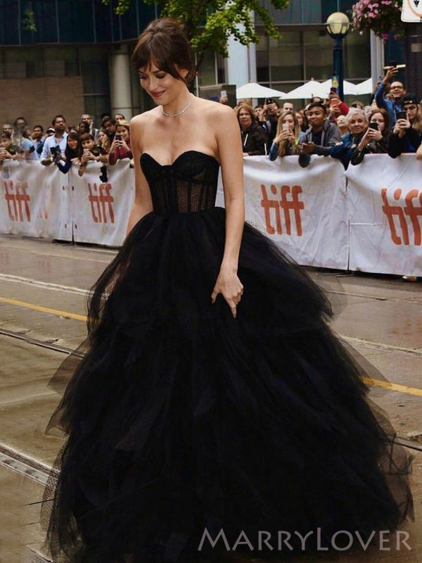 Black Tulle Strapless A-line Long Evening Prom Dresses, Custom Sweet H MarryLover Black Tulle Strapless A-line Long Evening Prom Dresses, Custom Sweet H MarryLover