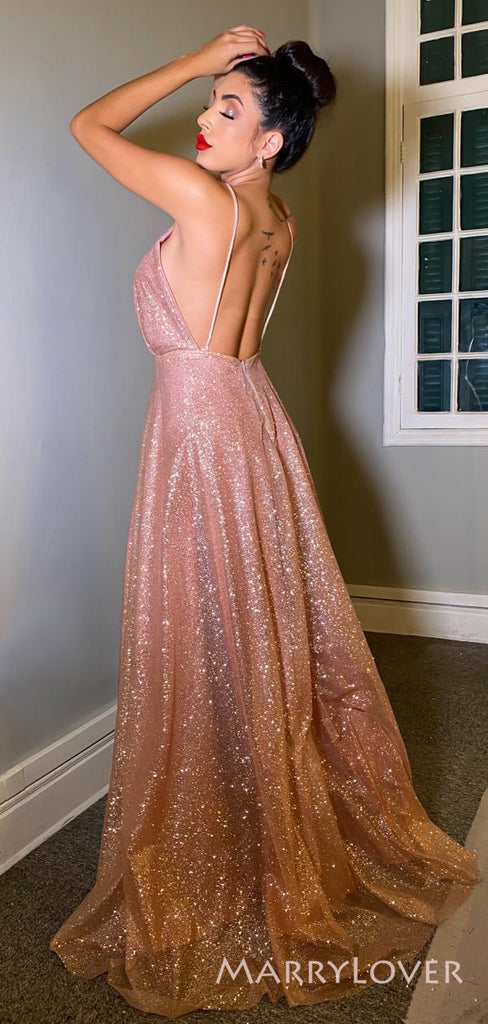 Deep V-neck A-line Rose Gold Tulle Sparkly Long Evening Prom Dresses, Custom Prom Dress, MR8691