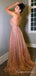 Deep V-neck A-line Rose Gold Tulle Sparkly Long Evening Prom Dresses, Custom Prom Dress, MR8691