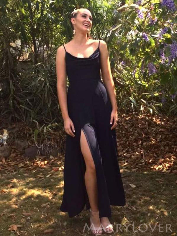A-line Black Satin Side Slit Long Evening Prom Dresses, Custom Prom Dr MarryLover A-line Black Satin Side Slit Long Evening Prom Dresses, Custom Prom Dr MarryLover