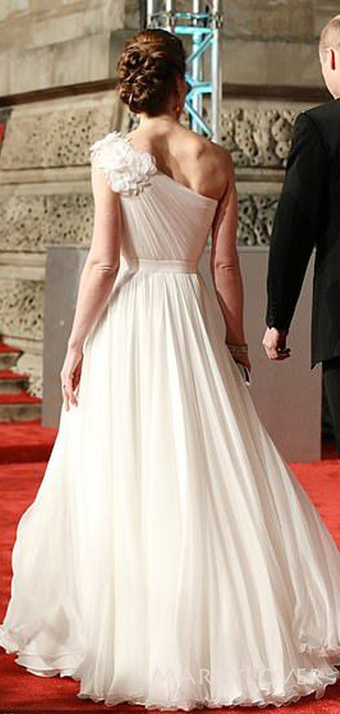 One Shoulder Ivory Chiffon A-line Long Evening Prom Dresses, Custom prom Dress, MR8728