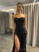 Formal Strapless Black Mermaid Long Evening Prom Dresses, Custom High Slit prom Dress, MR8736
