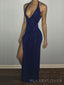 Unique Halter Royal Blue Sequins Mermaid Sequins Long High Slit Evening Prom Dresses, Custom prom Dress, MR8737