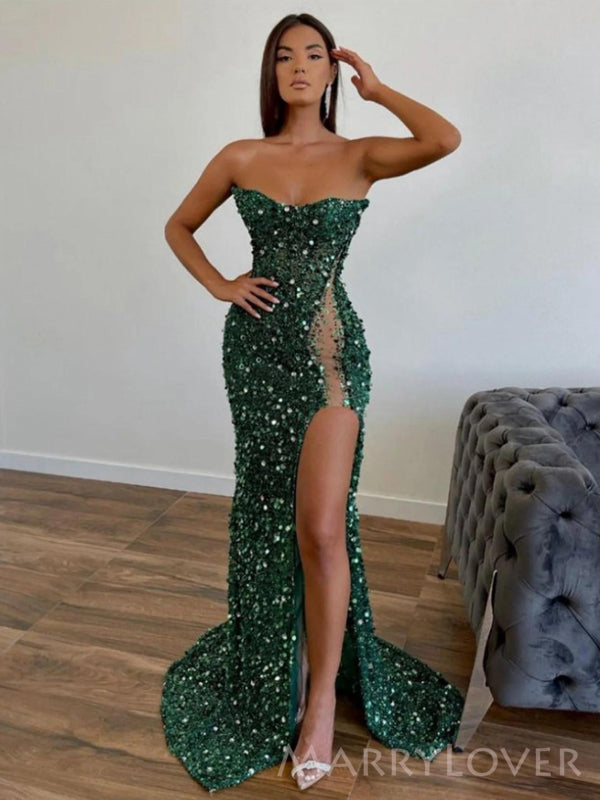Morden Dark Green Sequins Mermaid Sweetheart Long Side Slit Evening Prom Dresses, Custom prom Dress, MR8740 Morden Dark Green Sequins Mermaid Sweetheart Long Side Slit Evening Prom Dresses, Custom prom Dress, MR8740