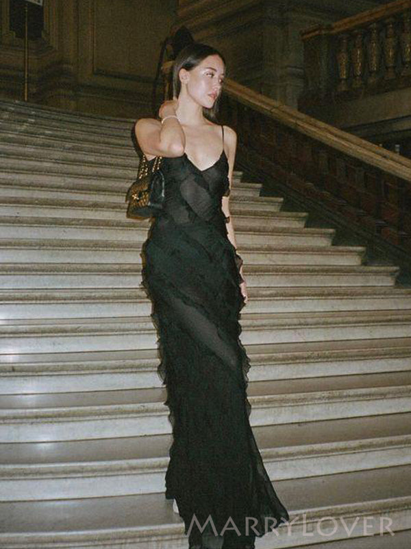Unique Black Chiffon Spaghetti Straps Long Evening Prom Dresses, Custom V-neck Prom Dress, MR8758 Unique Black Chiffon Spaghetti Straps Long Evening Prom Dresses, Custom V-neck Prom Dress, MR8758