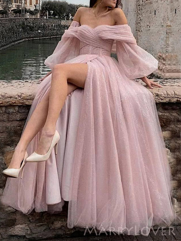 Off Shoulder Pink Tulle Sparkly A-line Long Evening Prom Dresses, Cust MarryLover Off Shoulder Pink Tulle Sparkly A-line Long Evening Prom Dresses, Cust MarryLover