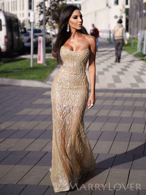 Popular Gold Sparkly Mermaid Strapless Long Evening Prom Dresses, Cust MarryLover Popular Gold Sparkly Mermaid Strapless Long Evening Prom Dresses, Cust MarryLover