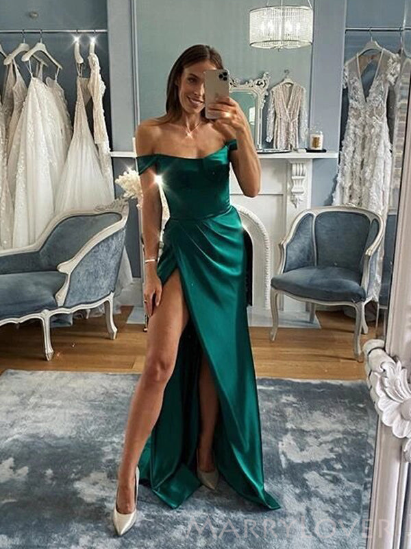 Off Shoulder Dark Green Satin High Slit Long Evening Prom Dresses, Custom Prom Dress, MR8788 Off Shoulder Dark Green Satin High Slit Long Evening Prom Dresses, Custom Prom Dress, MR8788