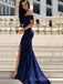 Off Shoulder Navy Blue Mermaid Long Evening Prom Dresses, Custom Side Slit Prom Dress, MR8798
