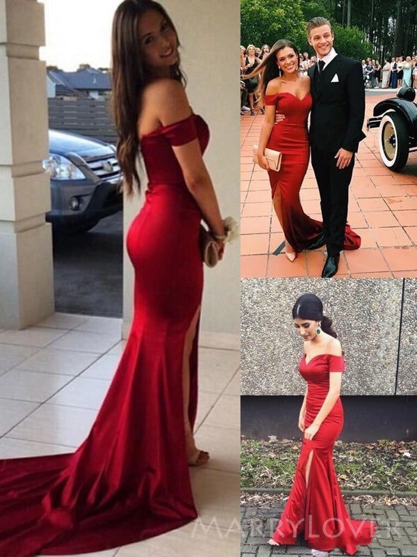 Off Shoulder Navy Blue Mermaid Long Evening Prom Dresses, Custom Side Slit Prom Dress, MR8798