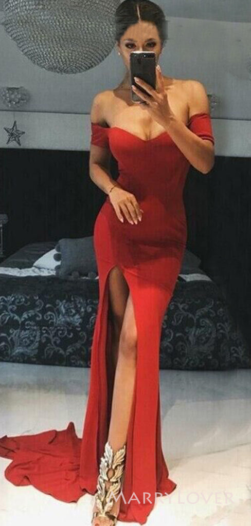 Off Shoulder Navy Blue Mermaid Long Evening Prom Dresses, Custom Side Slit Prom Dress, MR8798