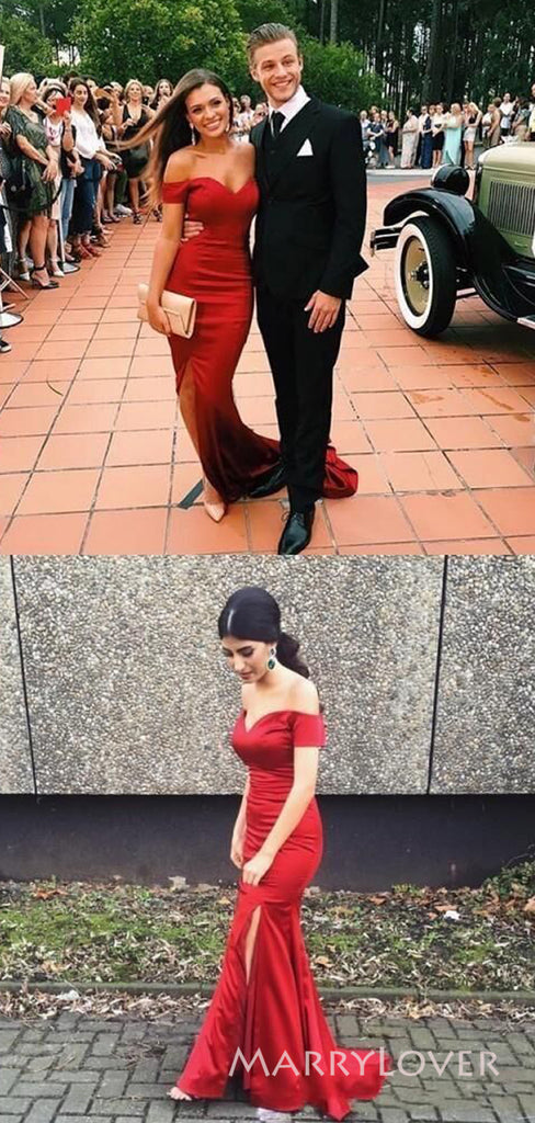 Off Shoulder Navy Blue Mermaid Long Evening Prom Dresses, Custom Side Slit Prom Dress, MR8798