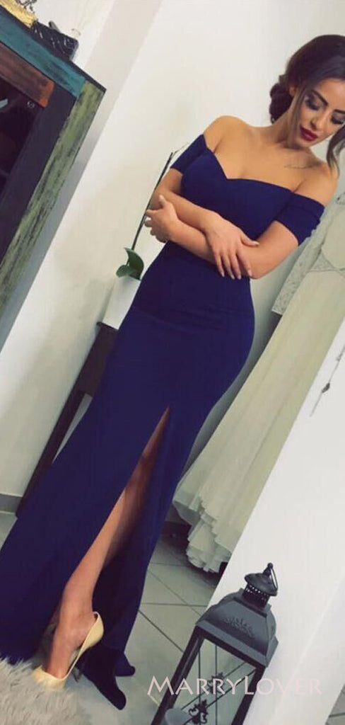 Off Shoulder Navy Blue Mermaid Long Evening Prom Dresses, Custom Side Slit Prom Dress, MR8798