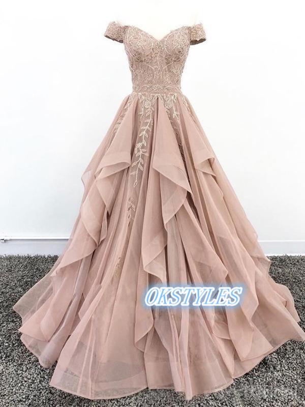 Beautiful Ball Gown Off-Shoulder Lace Applique Long Prom Dresses, OL024
