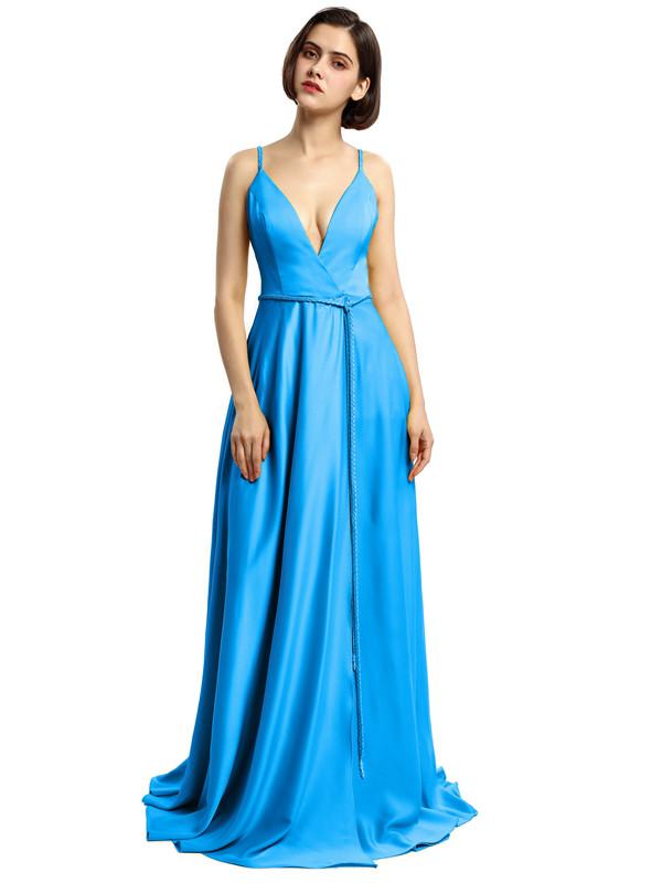 Spaghetti Strap Satin V-neck Prom Dresses