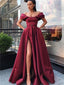 A-line Off-shoulder High Split Long Satin Prom Dresses With Pocket, PD0558