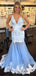 Mermaid Spaghetti Straps Deep V-neck Appliques Long Tulle Prom Dresses, PD0561