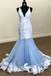 Mermaid Spaghetti Straps Deep V-neck Appliques Long Tulle Prom Dresses, PD0561