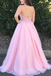 A-line Spaghetti Straps V-neck Appliques Top Pink Long Tulle Prom Dresses, PD0564