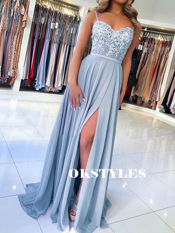 A-line Spaghetti Straps Lace Top Long Chiffon Prom Dresses With Split, MarryLover A-line Spaghetti Straps Lace Top Long Chiffon Prom Dresses With Split, MarryLover