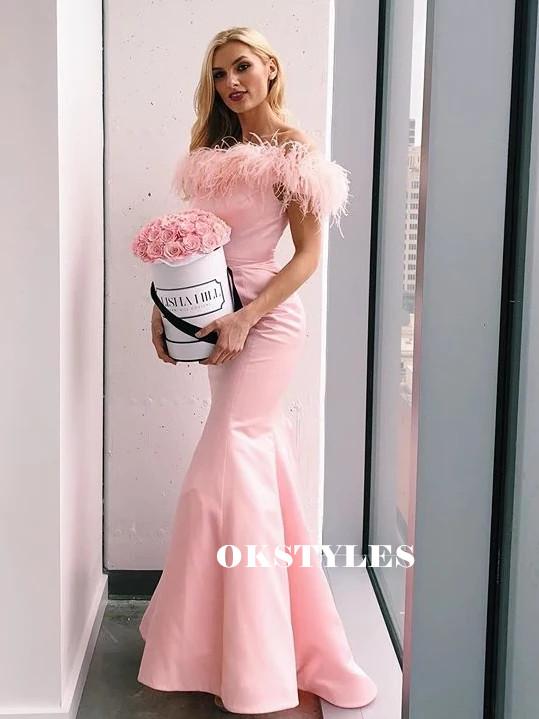 Mermaid Off-shoulder Long Pink Satin Prom Dresses, PD0638