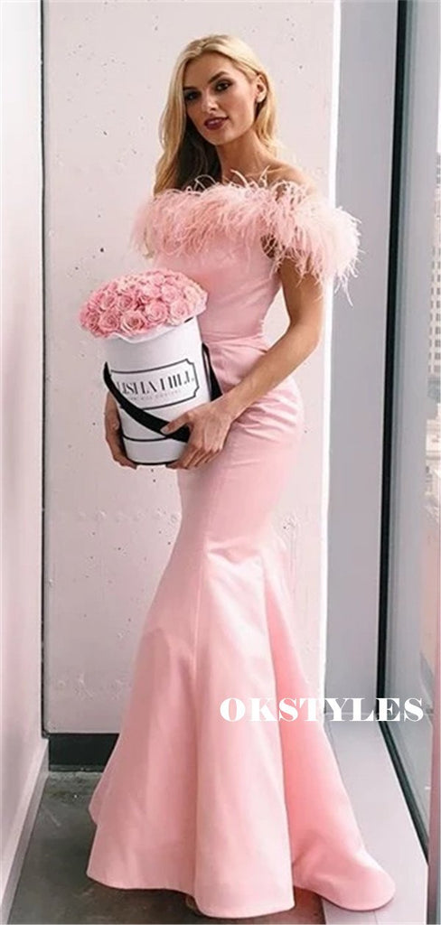 Mermaid Off-shoulder Long Pink Satin Prom Dresses, PD0638