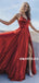 A-Line V-Neck Lace-up Back Red Satin Prom Dresses With Split, PD0649