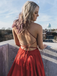 A-Line V-Neck Lace-up Back Red Satin Prom Dresses With Split, PD0649